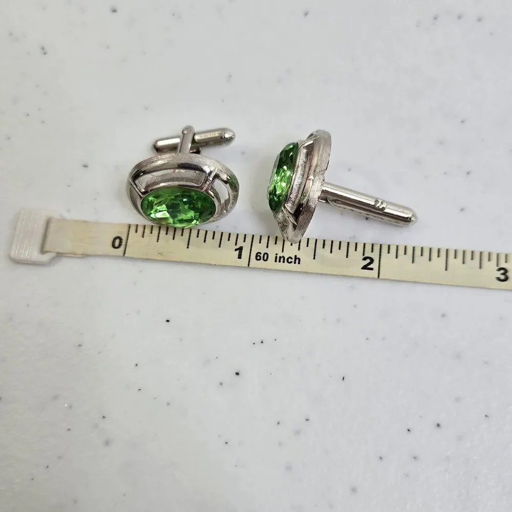 Swank Green Rhinestone Cufflinks Silver Tone Mens Oval Crystal Vintage